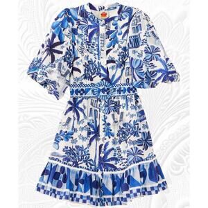 Farm Rio Mini Dress NWT Sweet Rio, Puff Sleeves & Beaded Belt Sz M, fits 8 or 10
